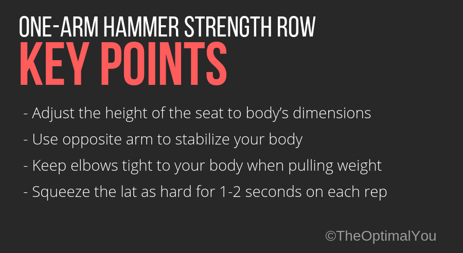 One-arm hammer strength row key points: 1.adjust the height of the seat to body's dimensions. 2. Use opposite arm to stabilize your body. 3. Keel elbows tight to your body when pulling weight. 4. Squeeze the lat as hard for 1-2 seconds on each rep