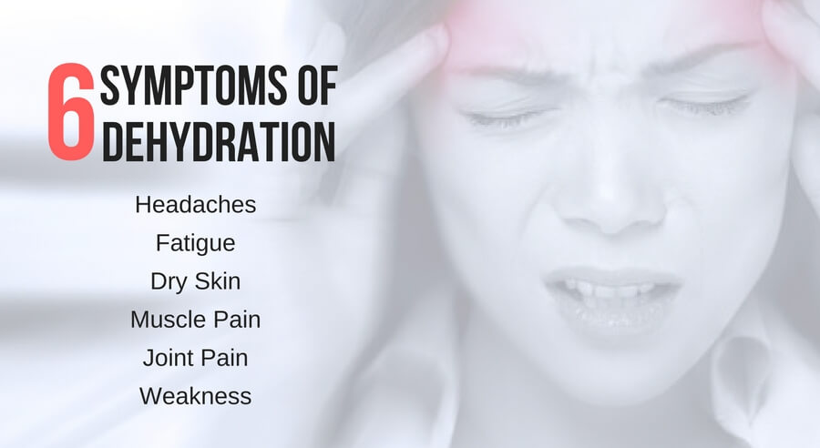 6 symptoms of dehydration: headaches, fatigue, dry skin, muscle pain, joint pain, weakness