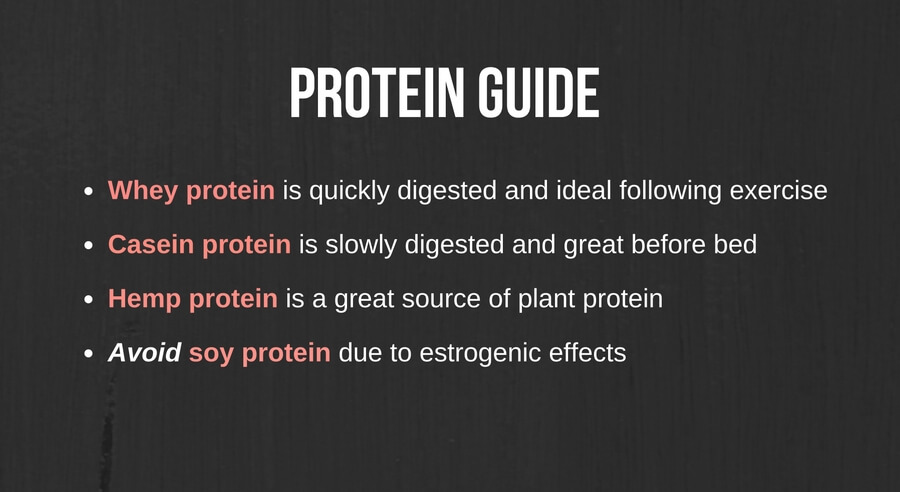 Protein types guide; whey, casein, hemp. Avoid soy.