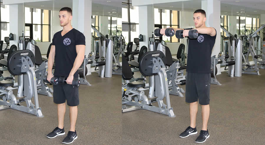 Front Dumbbell Raise Together Performed by Male Personal Trainer