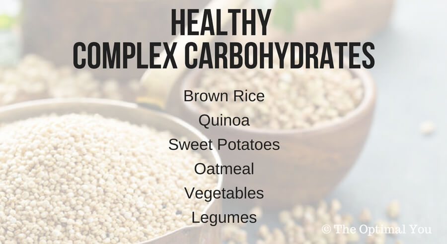 List of healthy complex carbohydrates: brown rice, quinoa, sweet potatoes, oatmeal, vegetables, legumes