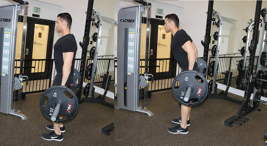 modified behing back barbell shrug performed by male personal trainer