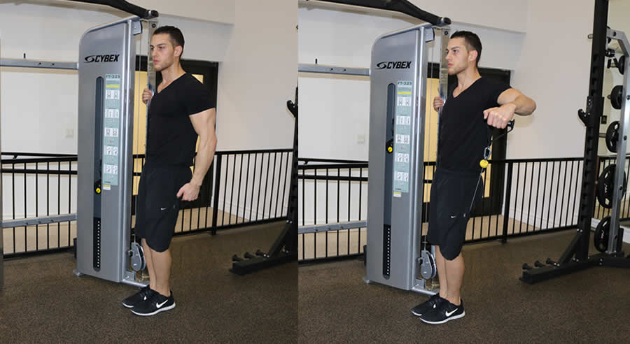 one arm cable lateral raise behind back performed by male personal trainer