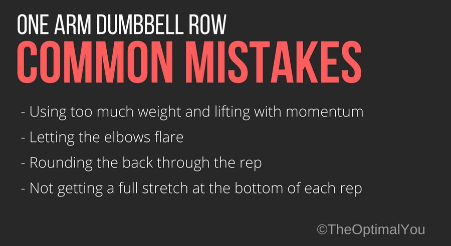One arm dumbbell row common mistales: 1. Using too much weight. 2. Letting the elbow flare. 3. Rounding forward through the back. 4. Not getting a full stretch at the bottom of each rep.
