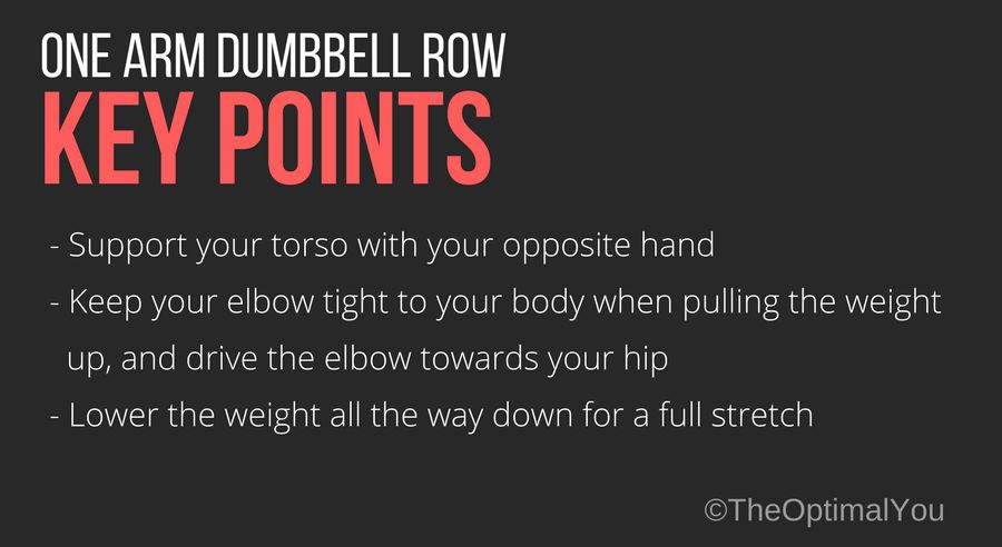One arm dumbell row key points: 1. Support your torso with your opposite hand either on your knee. 2. Keep your elbow tight to your body when pulling the weight up. 3. Don’t worry about pausing at the top, just focus on squeezing the lat.